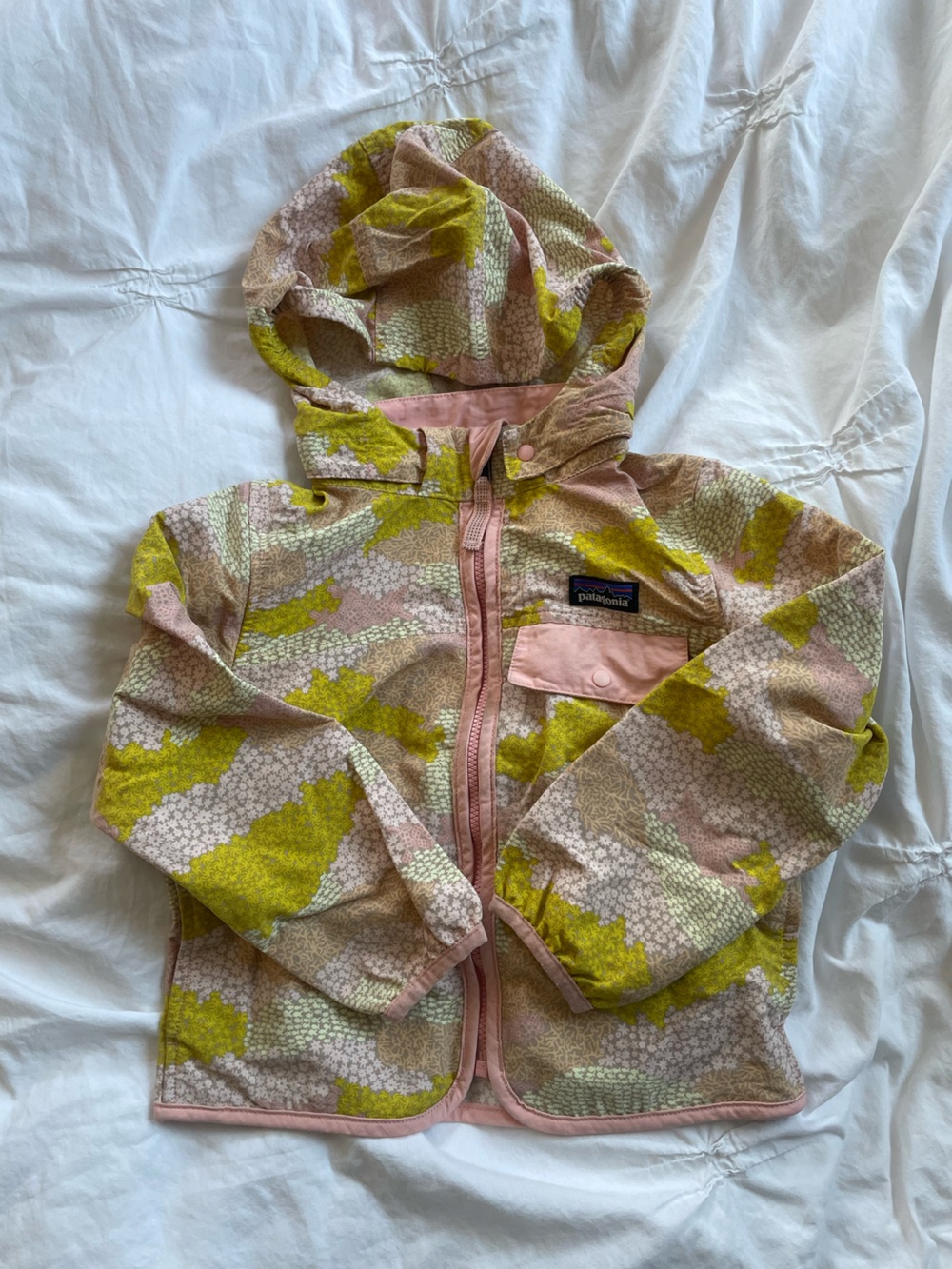 Patagonia Kids Hooded Jacket in Pink, Lime and Cream Pattern